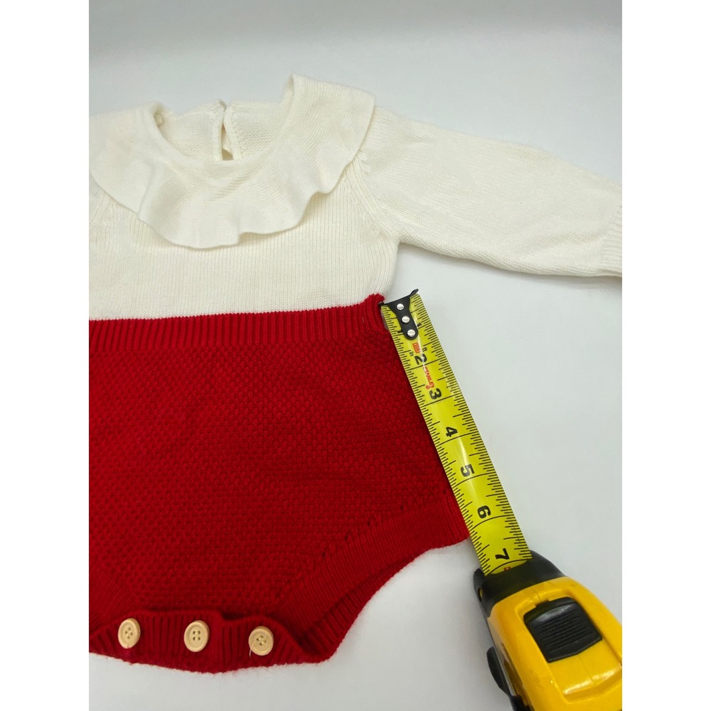 Isabella romper Red Cream Knit Ruffle Collar Long Sleeve Cotton One Piece - Picture 2 of 11